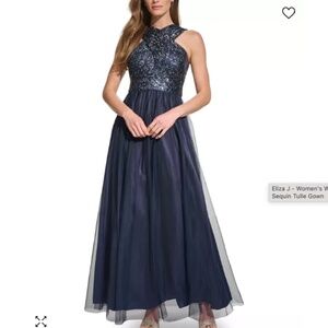 ELIZA J Women's Wrap-Neck Sleeveless Sequin Tulle Gown